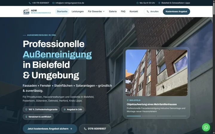 Website von A&M Reinigungsservice mit Fassadenfoto und dem Einstieg zur Außenreinigung in Bielefeld