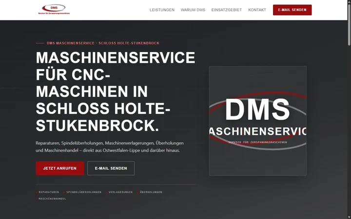 Website von DMS Maschinenservice mit schwarz-roter Gestaltung, CNC-Maschinenservice und direktem Kontakt